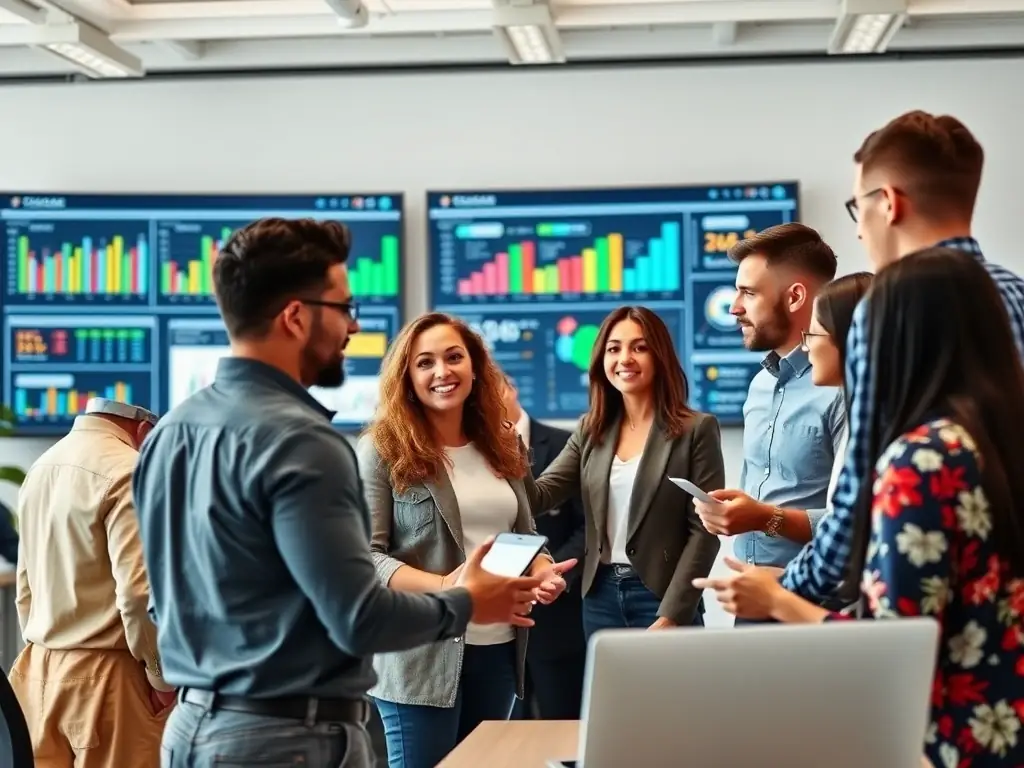 A marketing team analyzing campaign metrics and coordinating content creation with influencers, used to represent Campaign Management services.