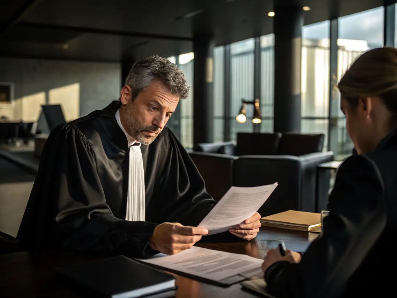 A lawyer is reviewing a contract with an influencer, ensuring all legal aspects are covered and both parties are protected. The setting is a well-lit office with legal documents spread across the desk.
