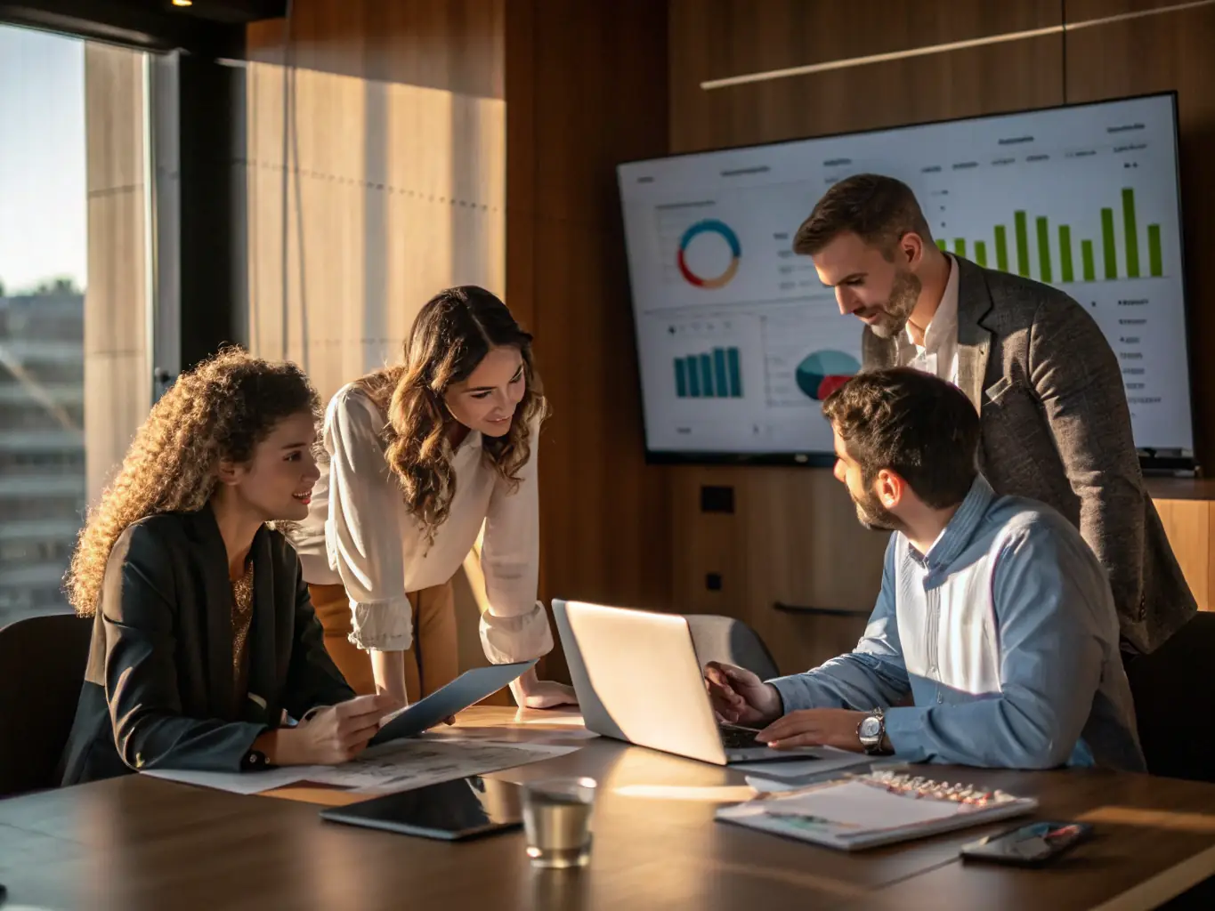 A team of marketing professionals is collaborating in a modern office, analyzing campaign data on large monitors and discussing strategies for optimizing influencer engagement.