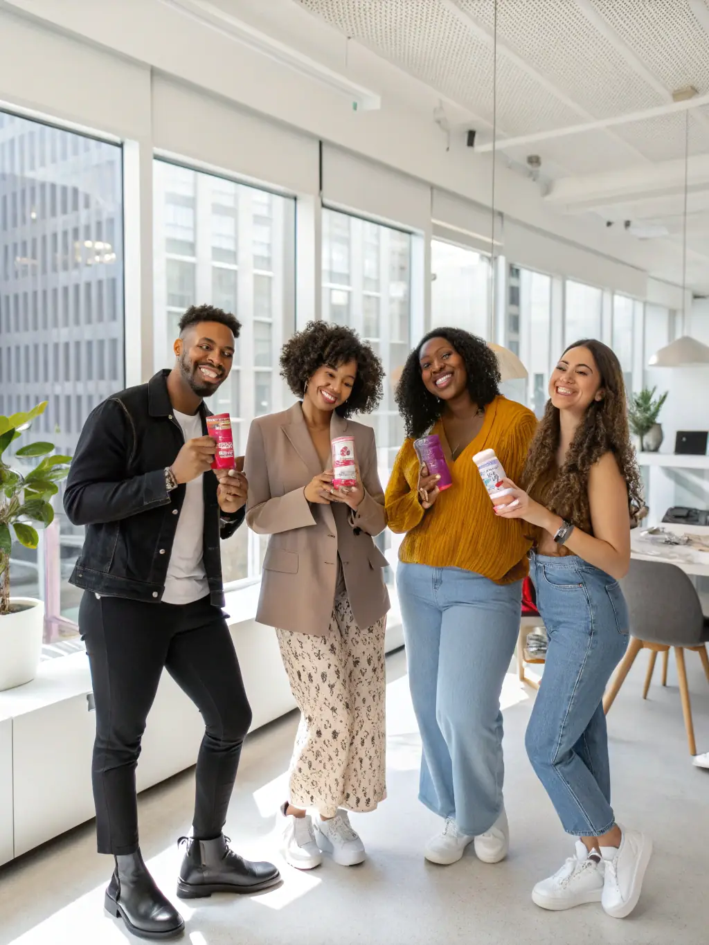 A photograph of a diverse group of influencers collaborating on a content creation project, showcasing the variety of talent available through Marketing Alma Vieja.